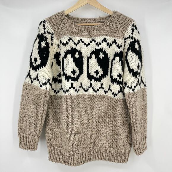 Black Weirdos | Yin Yang Sweater Oatmeal Hand Knit Intarsia Chunky Crew Neck M - Picture 2 of 15